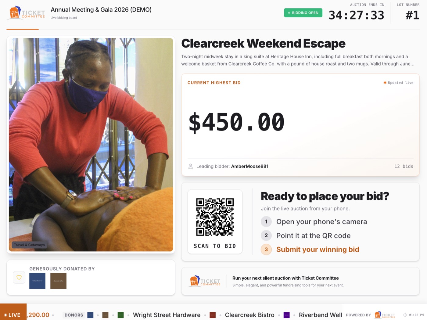 A silent auction display board showing lot #1 at a $450 high bid, a countdown to close, and a QR code to scan and bid