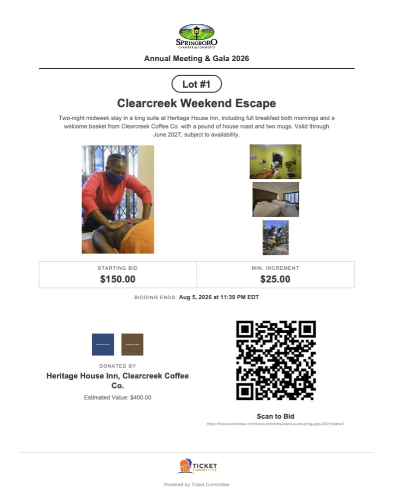 A printed bid sheet for lot #1, with the organization's logo, item photos, starting bid, minimum increment, closing time, donor credit, and a scan to bid QR code