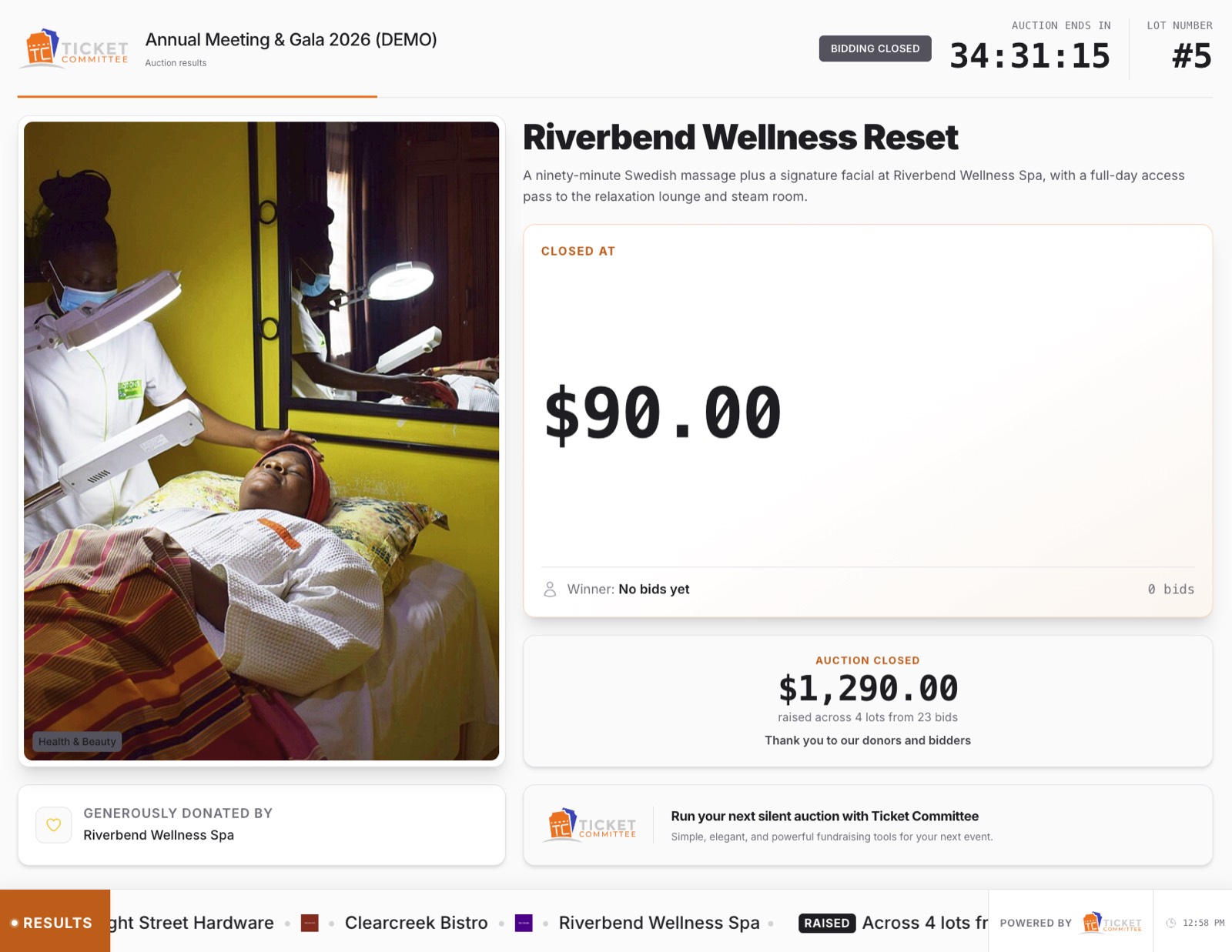 The display board after close, reading Bidding Closed above a total of $1,290 raised across 4 lots from 23 bids