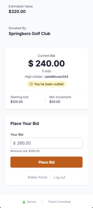 A guest's phone showing the current bid, an outbid notice, and a Place Bid button