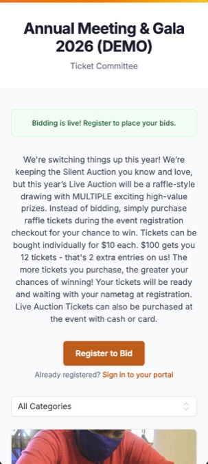 The public auction page on a phone, with a note from the organizer and a Register to Bid button