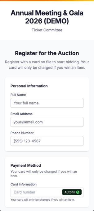 The auction registration screen asking for name, email, phone, and a card that is only charged on a win