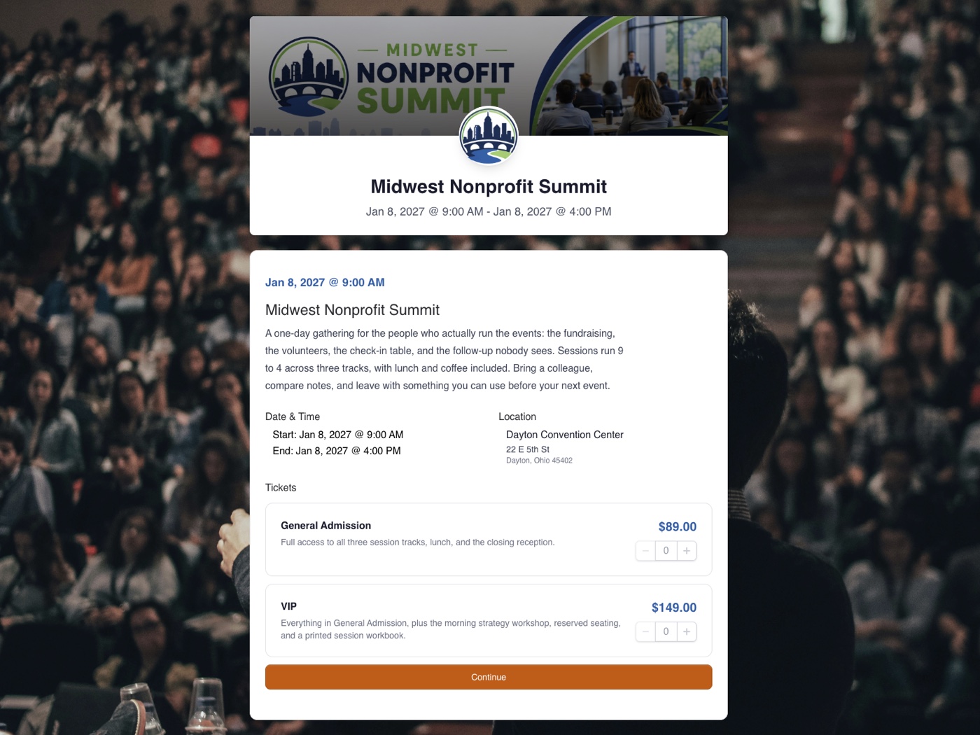 The public ticket page for the Midwest Nonprofit Summit, in the organization's own branding, with General Admission at $89 and VIP at $149 and a quantity picker beside each