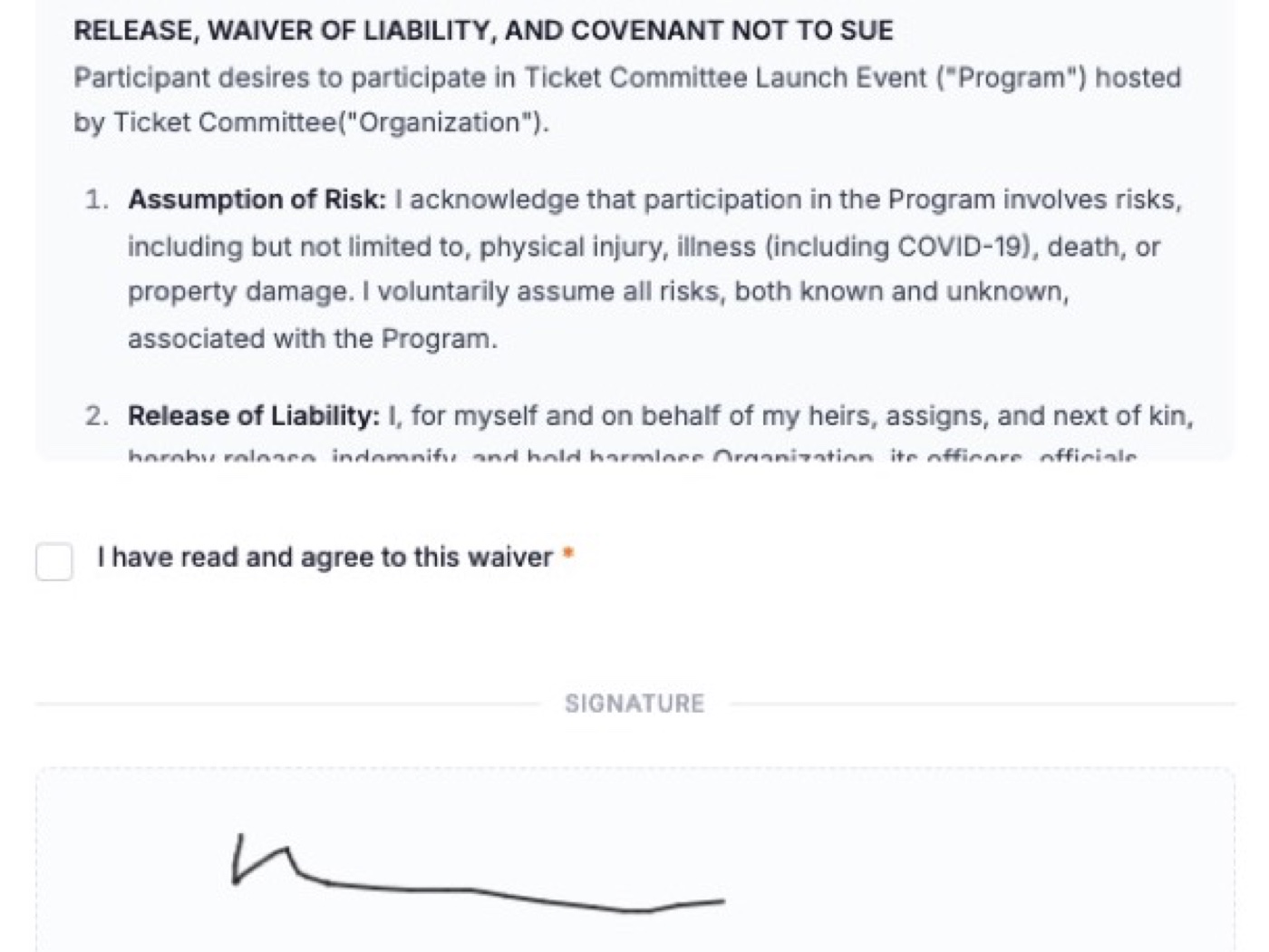 A liability waiver being signed in a browser: the release and assumption of risk text, a checkbox agreeing to the waiver, and a signature drawn on the page