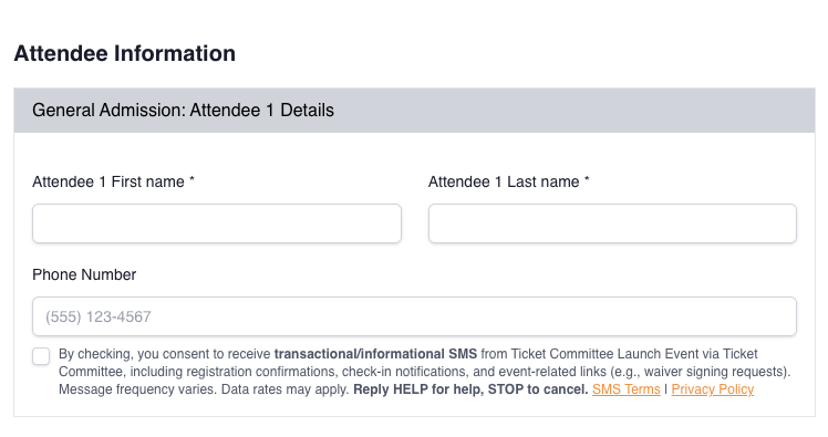 Screenshot of the attendee registration form showing the phone number input with the SMS opt-in checkbox below it